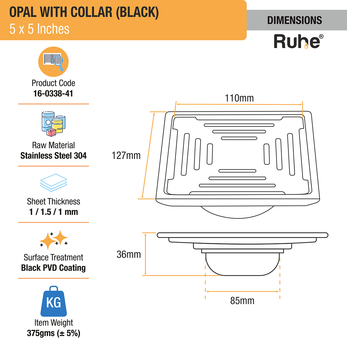 Opal Square 304-Grade Floor Drain in Black PVD Coating (5 x 5 Inches) - by Ruhe