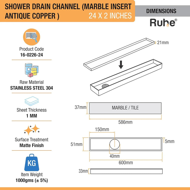 Marble-Insert Shower Drain Channel (2 Inches)
