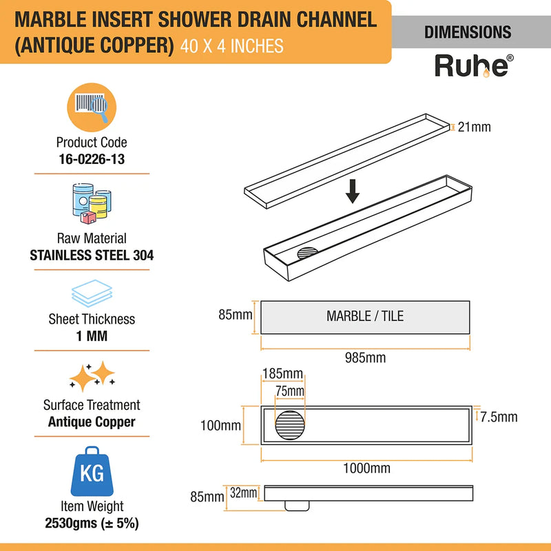 Marble Insert Shower Drain Channel (40 x 4 Inches) Antique Copper PVD Coated - by Ruhe