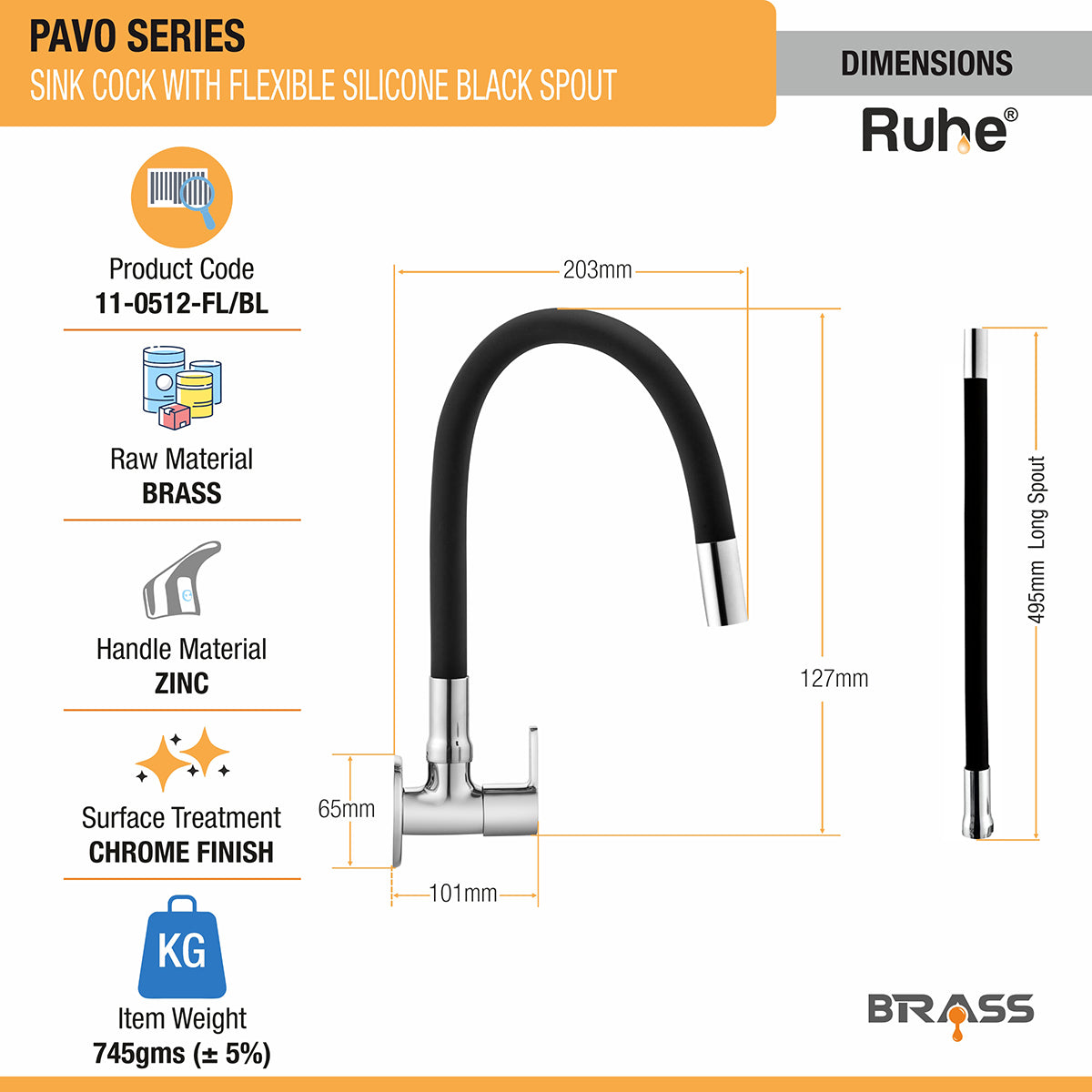 Pavo Brass Sink Tap with Flexible Silicone Black Spout dimensions and sizes