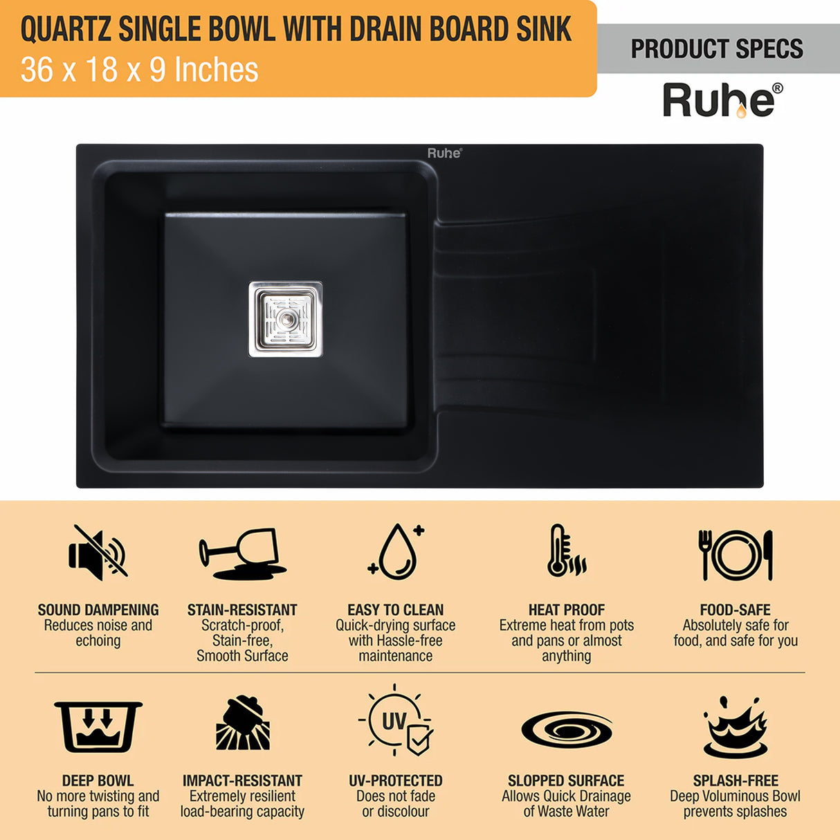 Quartz Single Bowl with Drainboard Kitchen Sink - Matte Black (36 x 18 x 9 inches) - by Ruhe