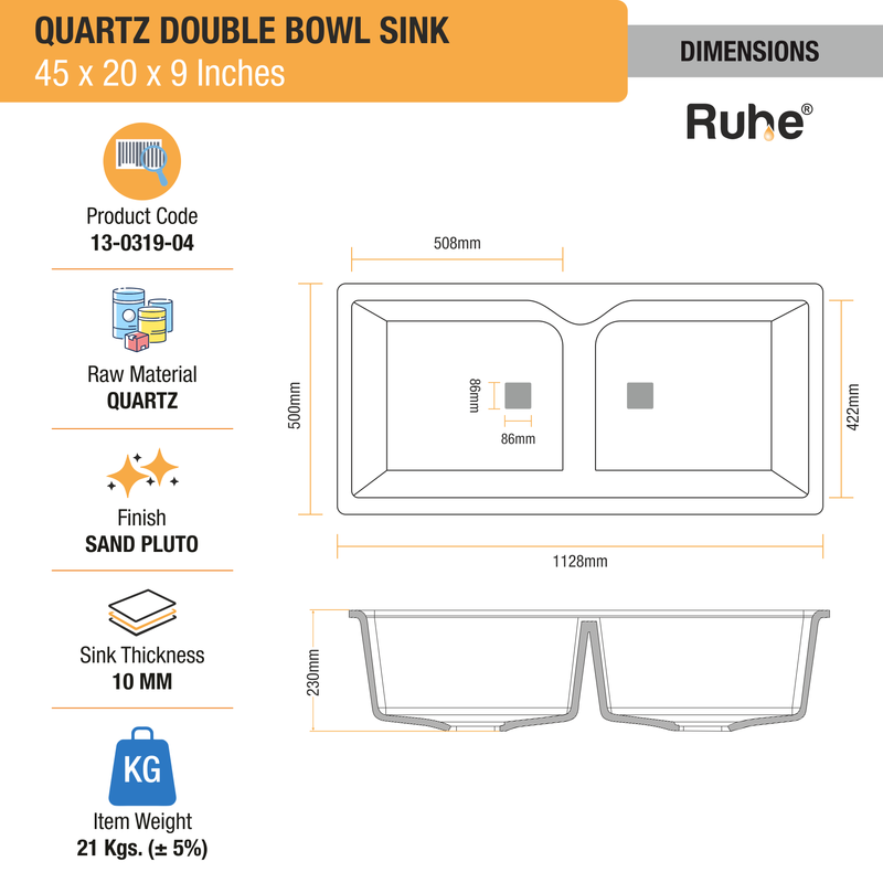 Quartz Double Bowl Kitchen Sink (45 x 20 x 9 inches)