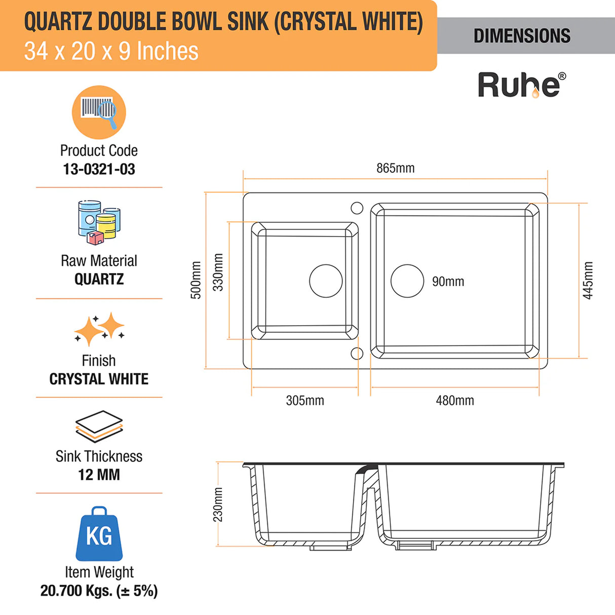Quartz Double Bowl Kitchen Sink - Crystal White (34 x 20 x 9 inches) - by Ruhe®