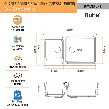 Quartz Double Bowl Kitchen Sink - Crystal White (34 x 20 x 9 inches) - by Ruhe®