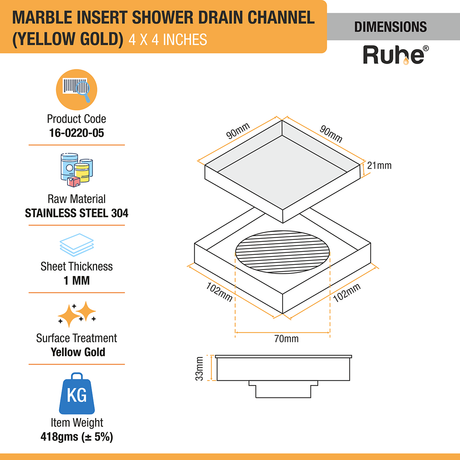 Marble Insert Shower Drain Channel (4 x 4 Inches) YELLOW GOLD PVD Coated - by Ruhe®