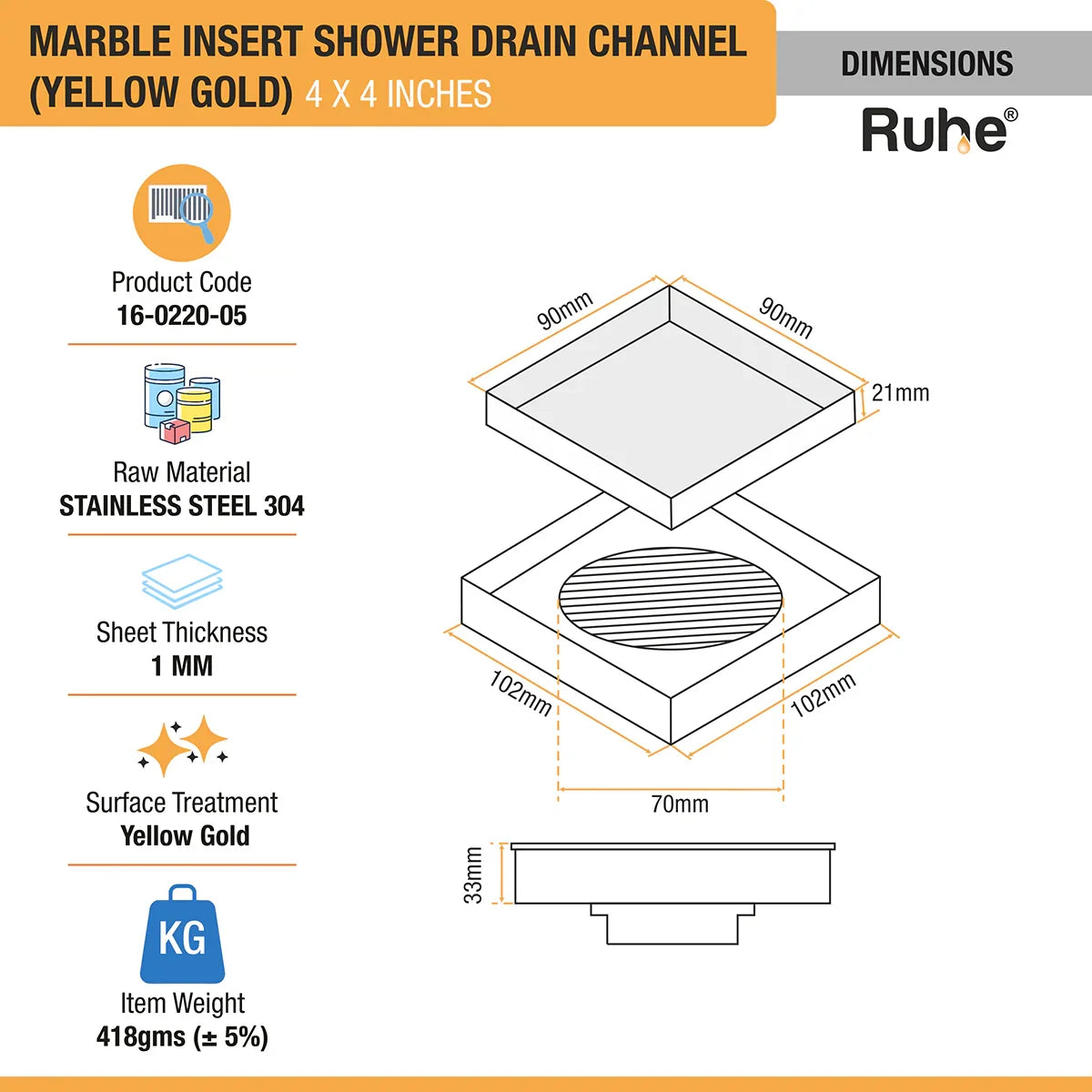 Marble-Insert Shower Drain Channel (4 x 4 Inches)