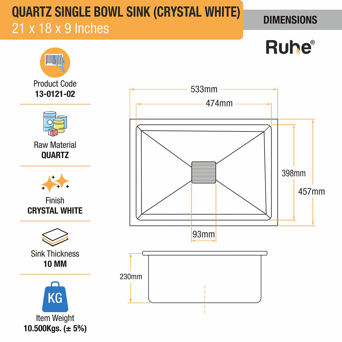 Quartz Crystal White Single Bowl Kitchen Sink (21 x 18 x 9 inches) dimensions and sizes