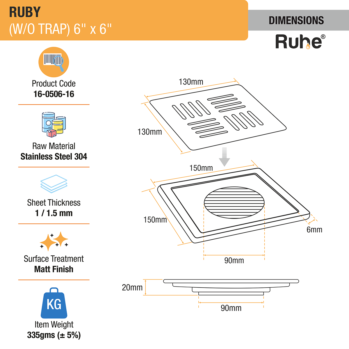 Ruby Square 304 Grade Floor Drain (6 x 6 Inches) - by Ruhe