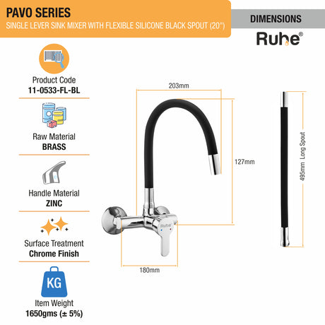 Pavo Single Lever Wall-mount Sink Mixer Brass Faucet with Black Silicone Spout - by Ruhe®