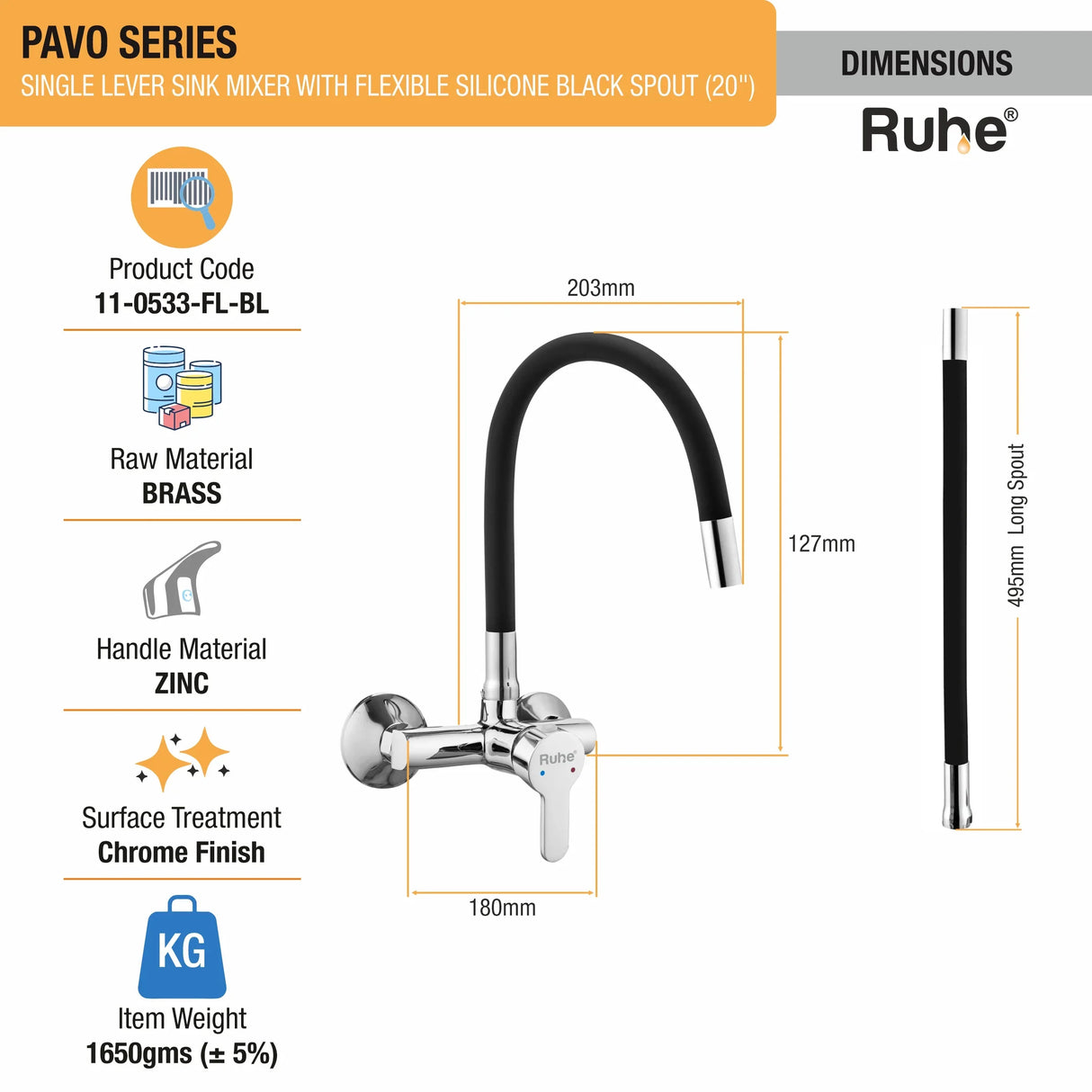 Pavo Single Lever Wall-mount Kitchen Sink Mixer Tap with Coloured Silicone Spout