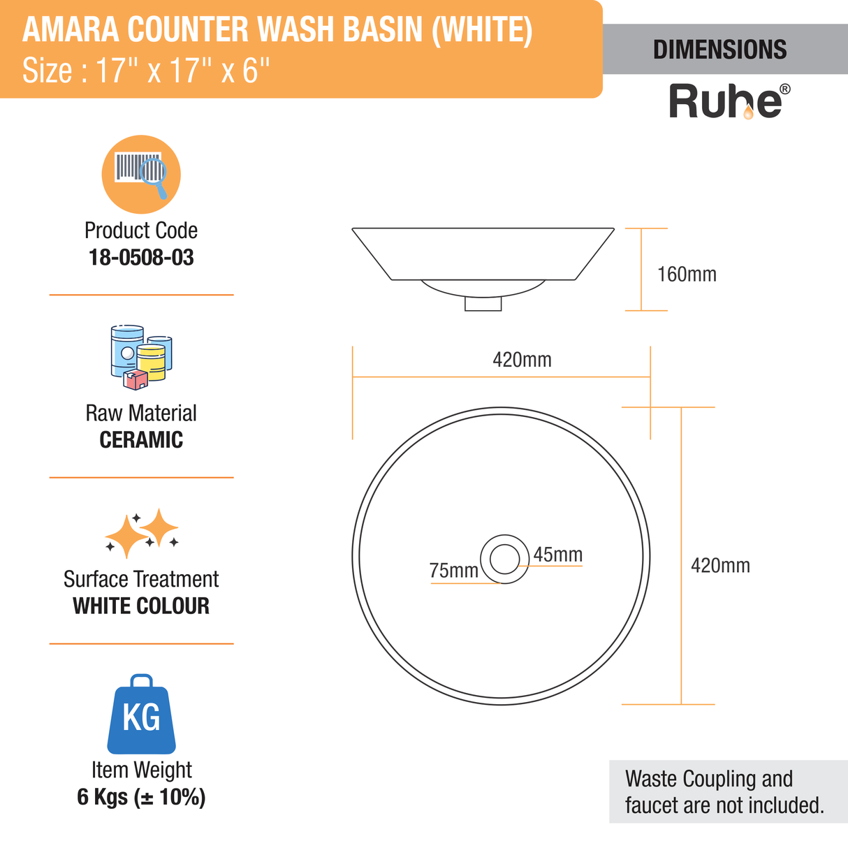 Amara Counter Wash Basin (White) - by Ruhe