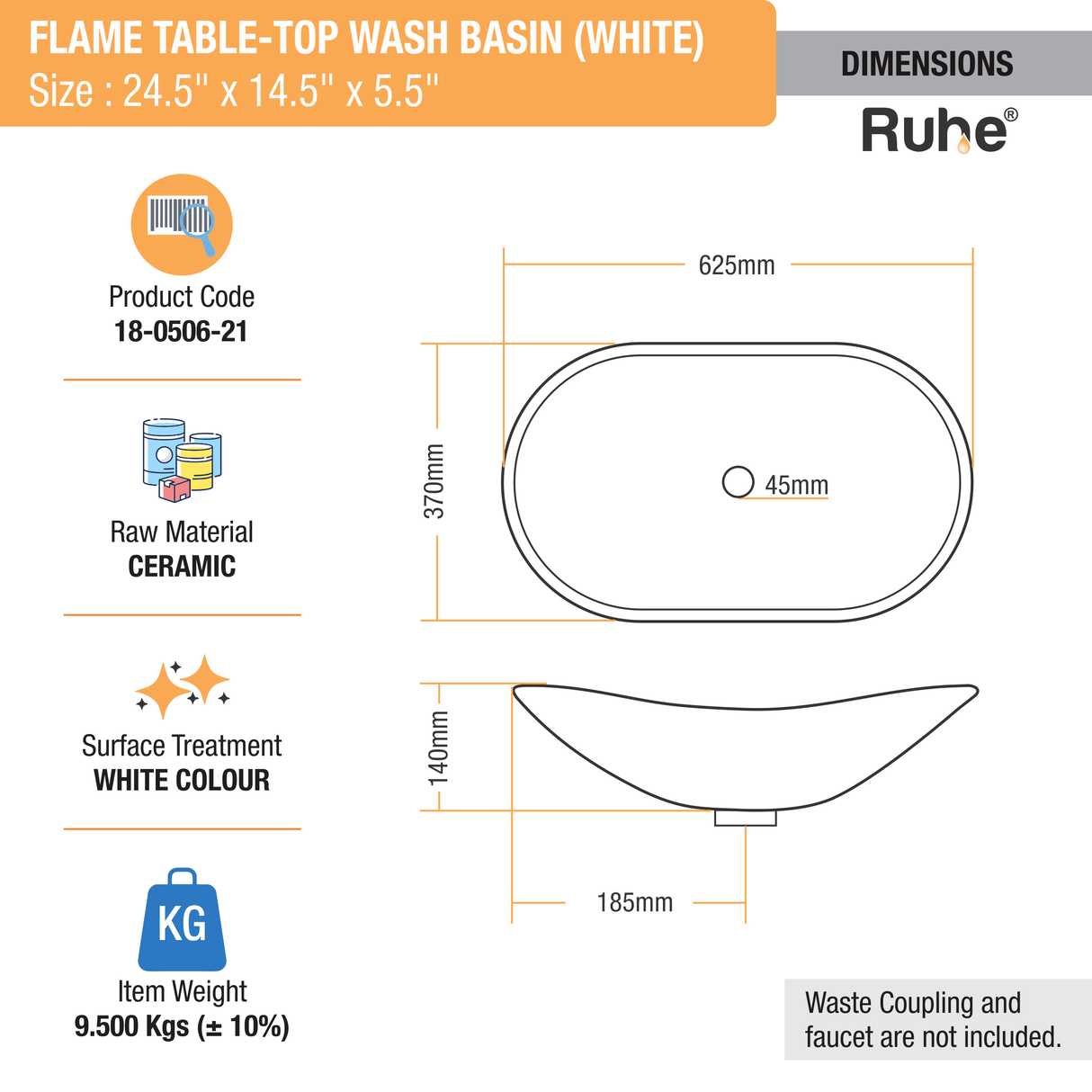 Flame Table Top Wash Basin (White) - by Ruhe