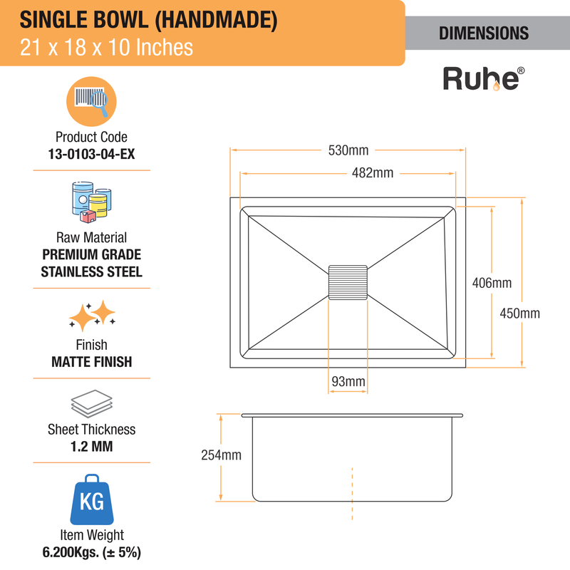 Handmade Single Bowl Kitchen Sink (21 x 18 x 10 Inches)