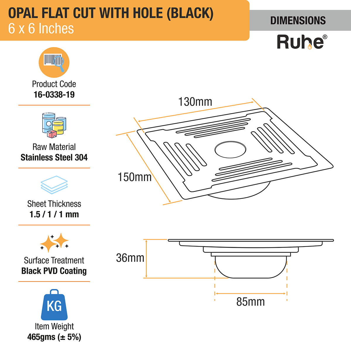 Opal Square Flat Cut Floor Drain in Black PVD Coating (6 x 6 Inches) with Hole - by Ruhe