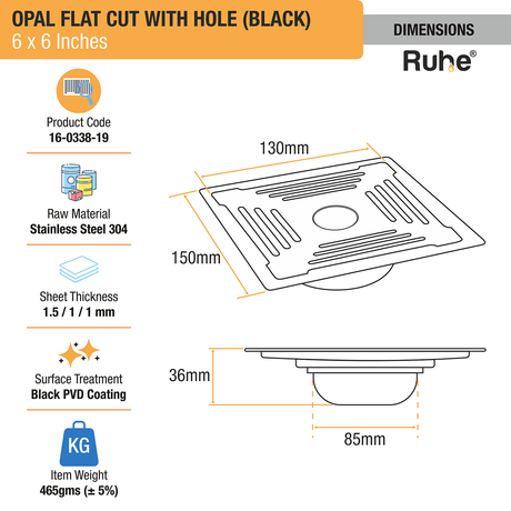 Opal Square Flat Cut Floor Drain in Black PVD Coating (6 x 6 Inches) with Hole - by Ruhe®