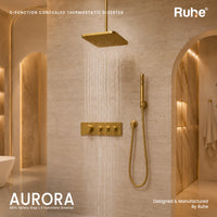 Aurora 3-Function thermostatic diverter on a tiled shower wall with the rain shower running