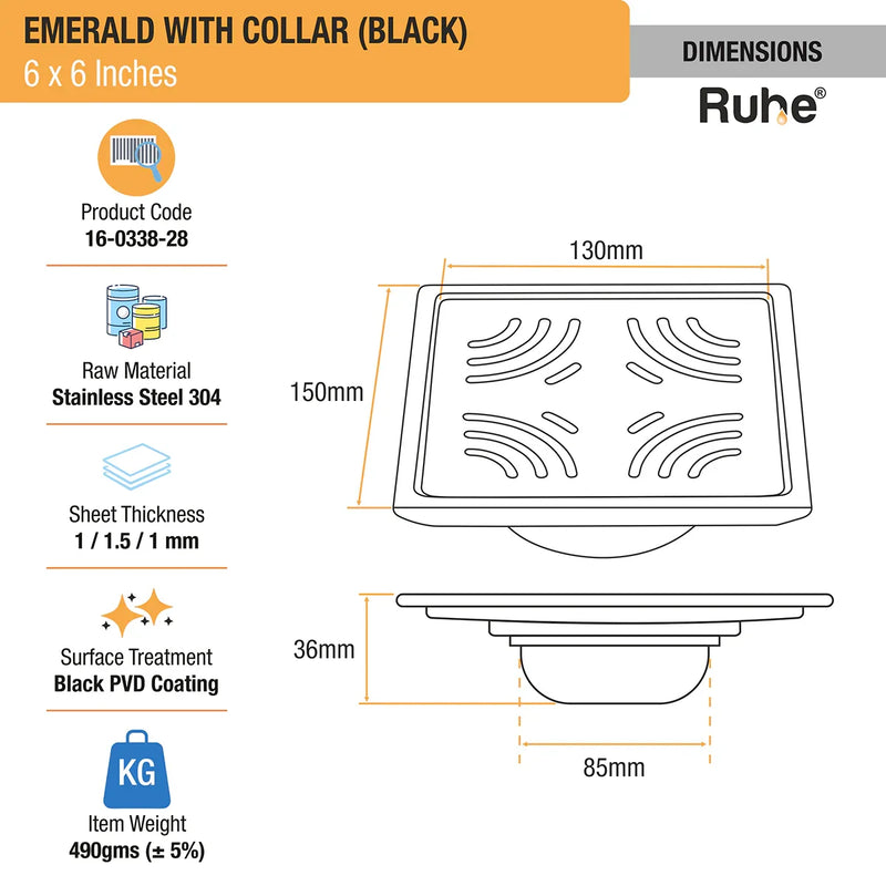 Emerald Square 304-Grade Floor Drain in Black PVD Coating (6 x 6 Inches) - by Ruhe
