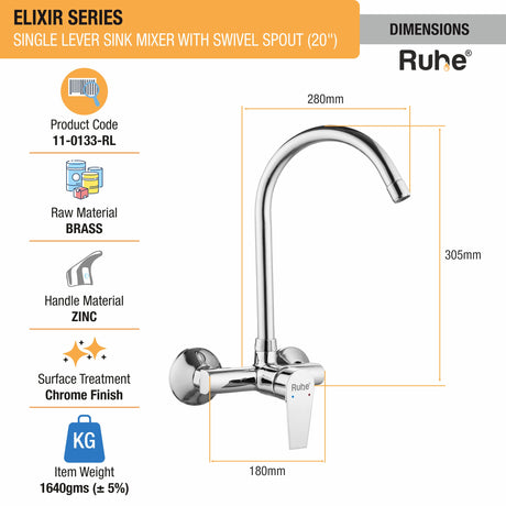 Elixir Single Lever Wall-mount Brass Mixer Faucet with Swivel Spout (20 Inches) - by Ruhe®
