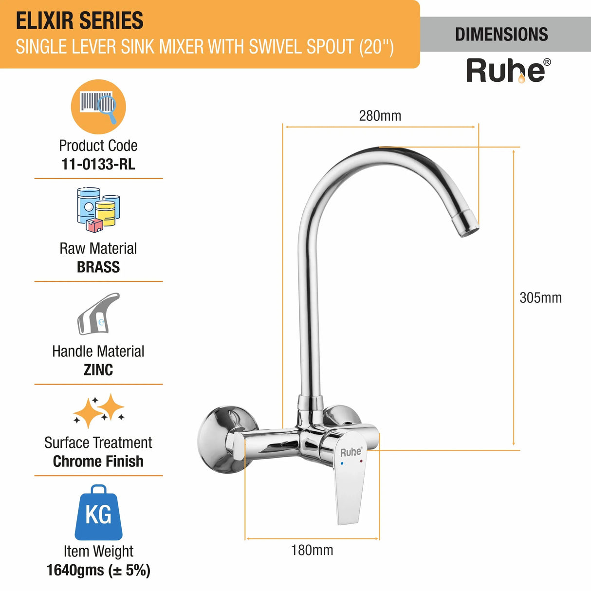 Elixir Single Lever Wall-mount Kitchen Sink Mixer Tap with Swivel Spout