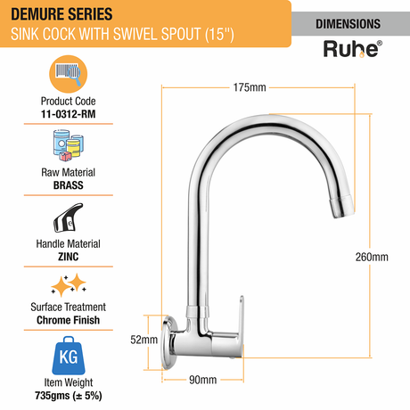 Demure Brass Kitchen Sink Tap with Medium (15 inches) Round Swivel Spout - by Ruhe®