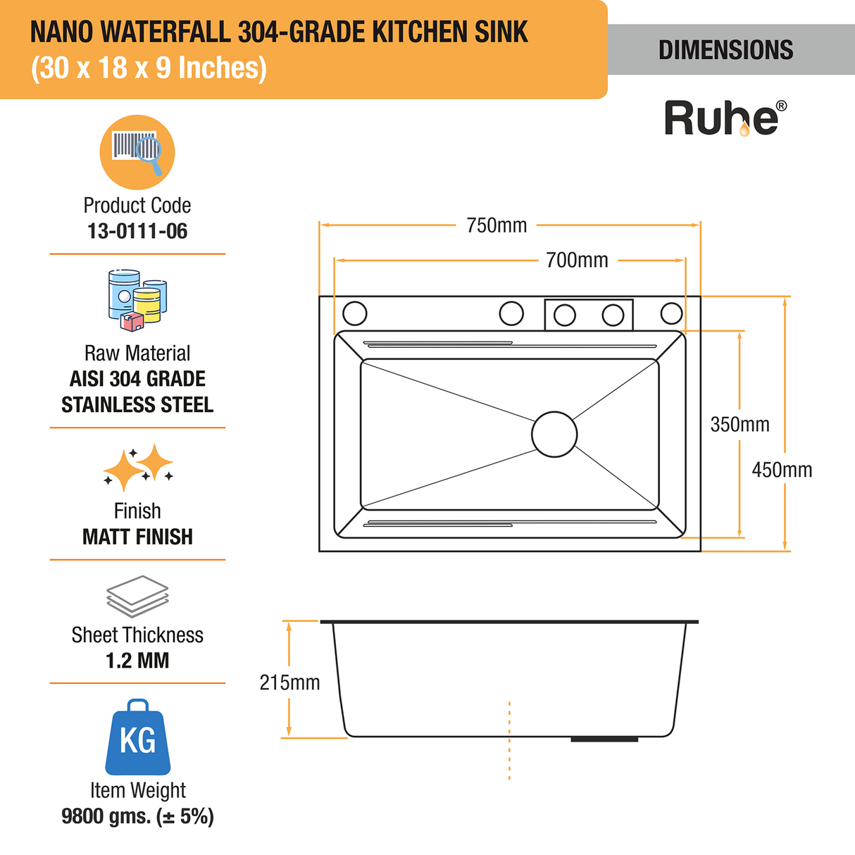 Nano Black 304-Grade Kitchen Sink with Integrated Waterfall, Pull-Out & RO Faucet (30 x 18 x 9 Inches) - by Ruhe