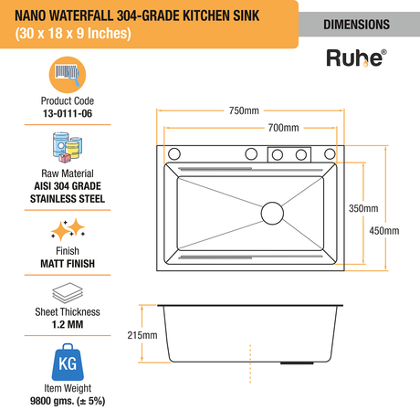 Nano Black 304-Grade Kitchen Sink with Integrated Waterfall, Pull-Out & RO Faucet (30 x 18 x 9 Inches) - by Ruhe