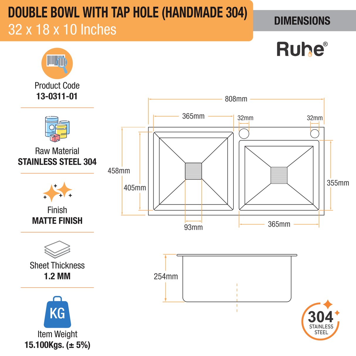 Handmade Double Bowl 304-Grade Kitchen Sink with Tap Hole (32 x 18 x 10 Inches) - by Ruhe