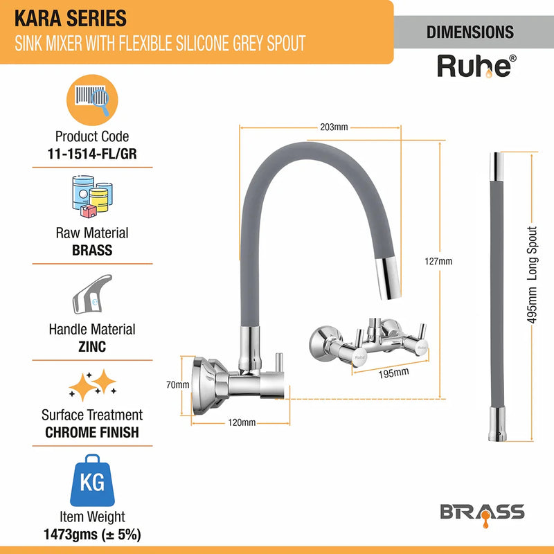 Kara Wall-mount Kitchen Sink Mixer Tap with Grey Silicone Spout - by Ruhe