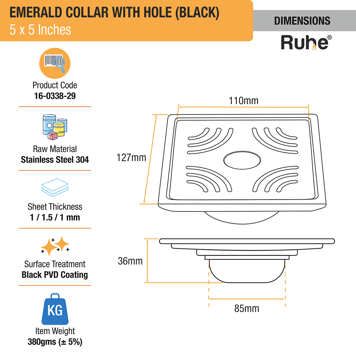 Emerald Square 304-Grade Floor Drain in Black PVD Coating (5 x 5 Inches) with Hole - by Ruhe®