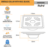Emerald Square 304-Grade Floor Drain in Black PVD Coating (5 x 5 Inches) with Hole dimensions and sizes
