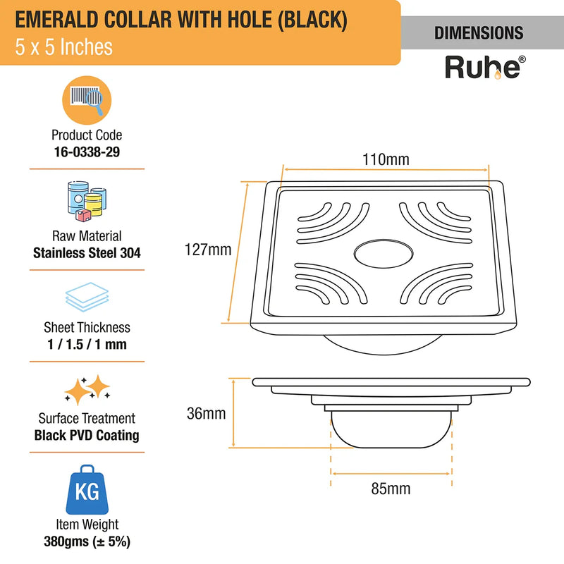 Emerald Square 304-Grade Floor Drain in Black PVD Coating (5 x 5 Inches) with Hole - by Ruhe