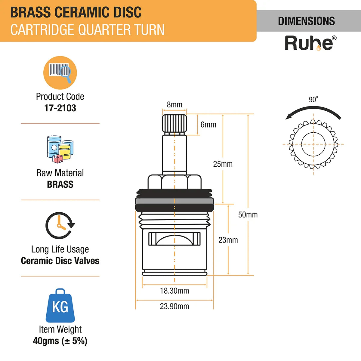 Brass Ceramic Disc Quarterturn Cartridge (Pack of 4) by Ruhe Ruhe