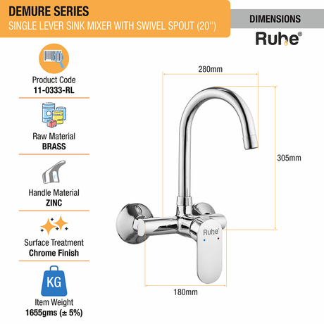 Demure Single Lever Wall-mount Brass Mixer Faucet with Swivel Spout (20 Inches) - by Ruhe®