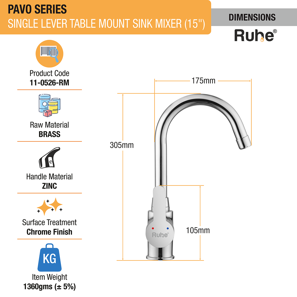 Pavo Single Lever Table-Mount Sink Mixer with Medium (15 Inches) Round Swivel Spout Brass Faucet dimensions and sizes