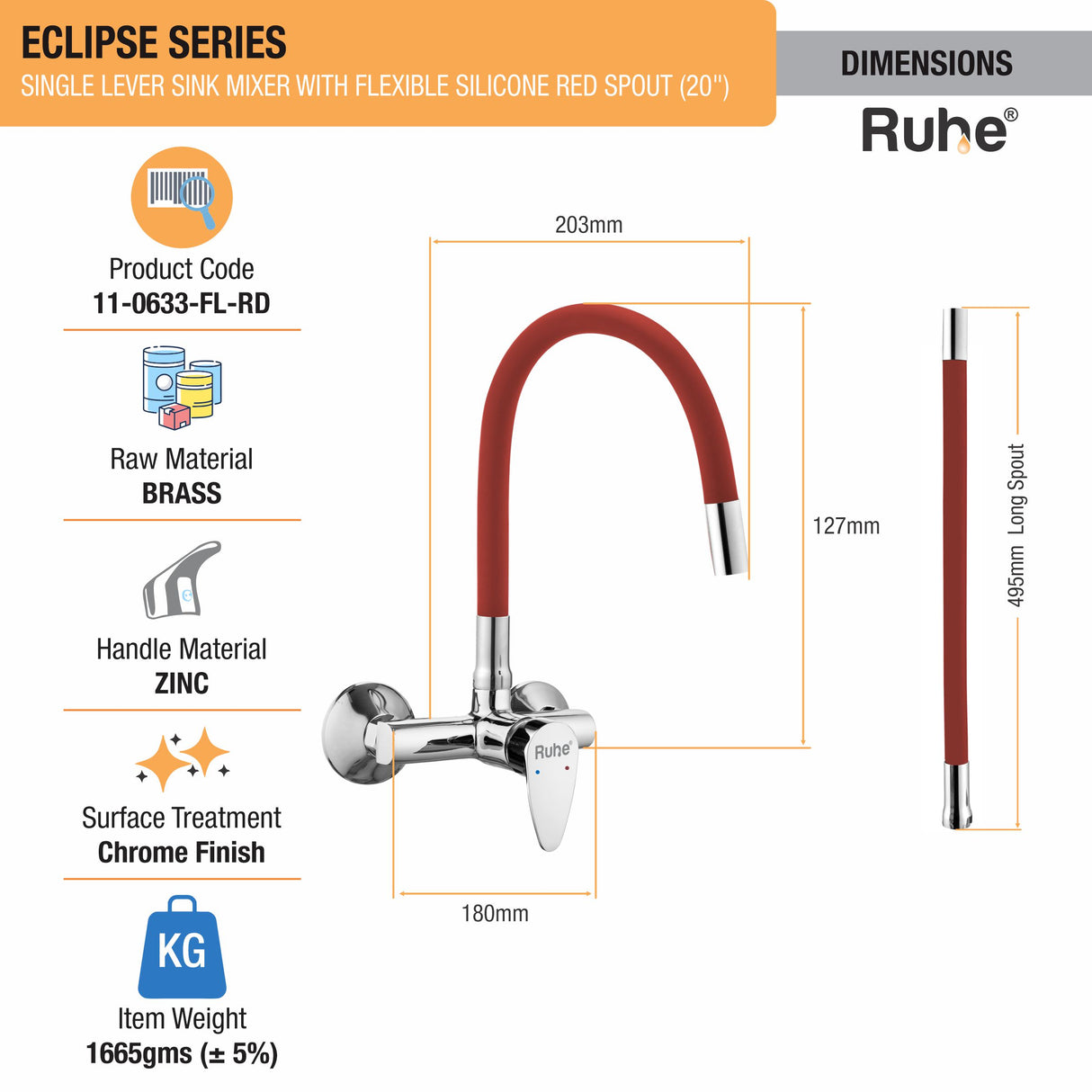 Eclipse Single Lever Wall-mount Sink Mixer Brass Faucet with Red Silicone Spout - by Ruhe®