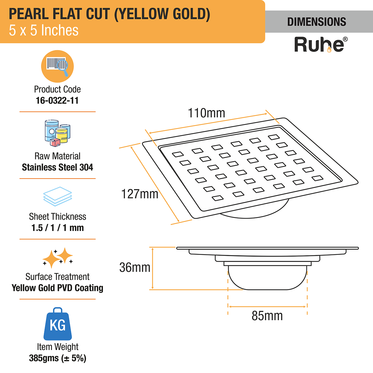 Pearl Square Flat Cut Floor Drain in Yellow Gold PVD Coating (5 x 5 Inches) - by Ruhe