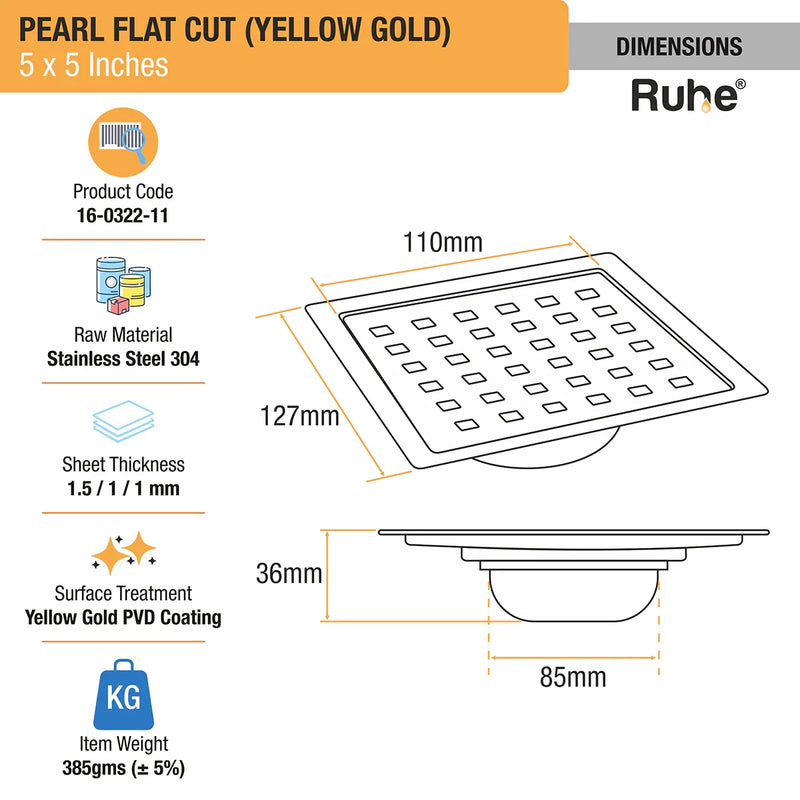 Pearl Square Flat Cut Floor Drain in Yellow Gold PVD Coating (5 x 5 Inches) - by Ruhe