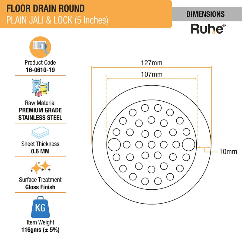 Plain Round Jali Floor Drain with Lock (5 Inches)