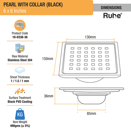 Pearl Square 304-Grade Floor Drain in Black PVD Coating (6 x 6 Inches) dimensions and sizes