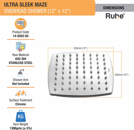 Arc 304-Grade Overhead Shower (12 x 12 Inches) - by Ruhe