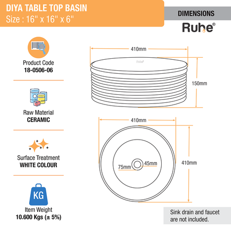 Diya Table Top Wash Basin (White) - by Ruhe®