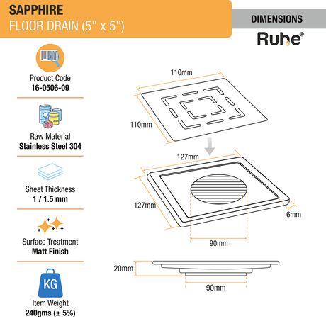 Sapphire Square 304-Grade Floor Drain (5 x 5 Inches) - by Ruhe®