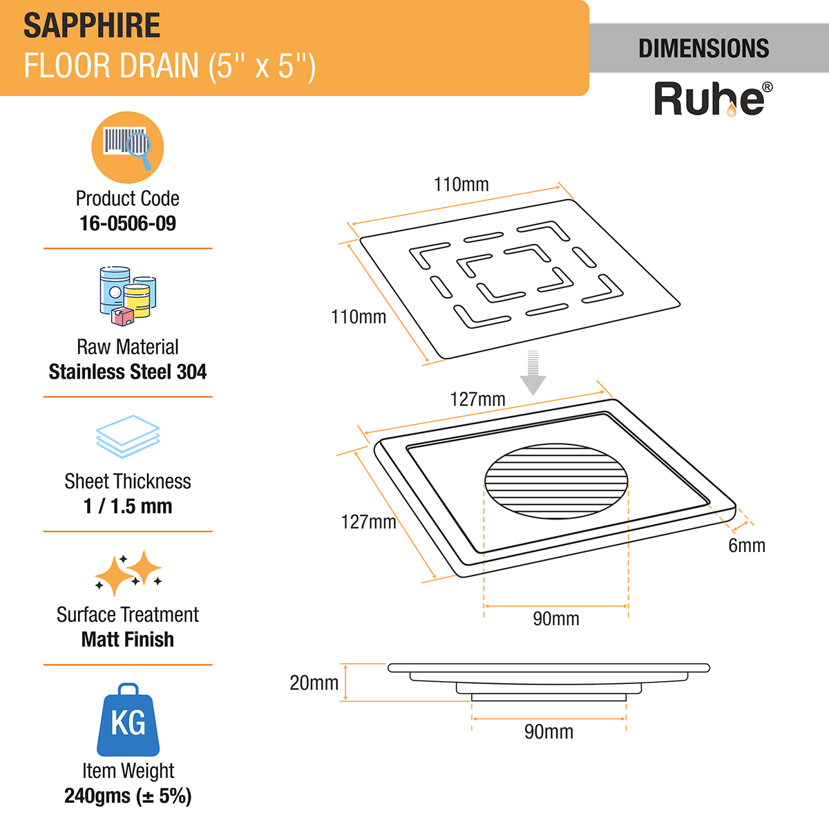 Sapphire Square 304-Grade Floor Drain (5 x 5 Inches) - by Ruhe