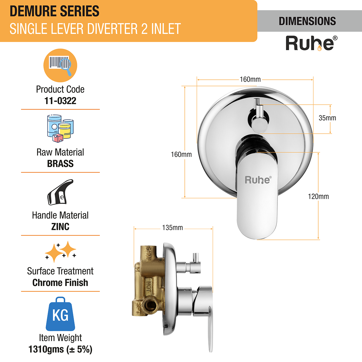 Demure Single Lever 2-inlet Diverter (Complete Set) - by Ruhe®