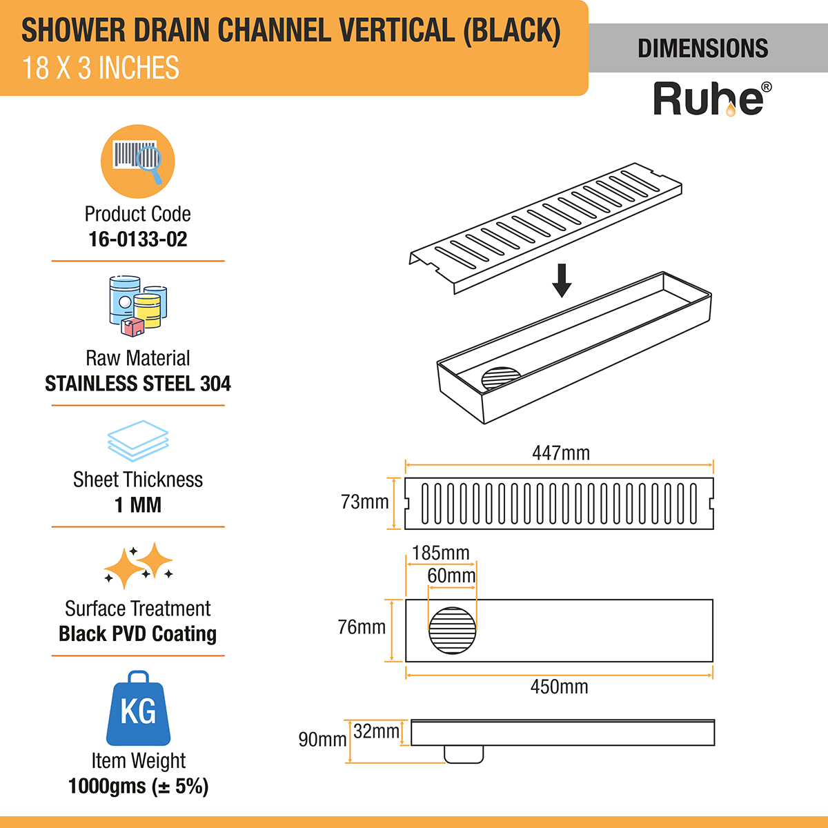 Vertical Shower Drain Channel (18 x 3 Inches) Black PVD Coated dimensions and sizes