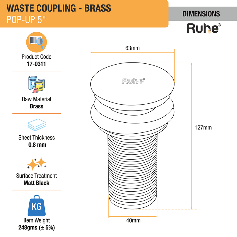 Pop-up Waste Coupling in Matte Black PVD Coating (5 Inches) - by Ruhe