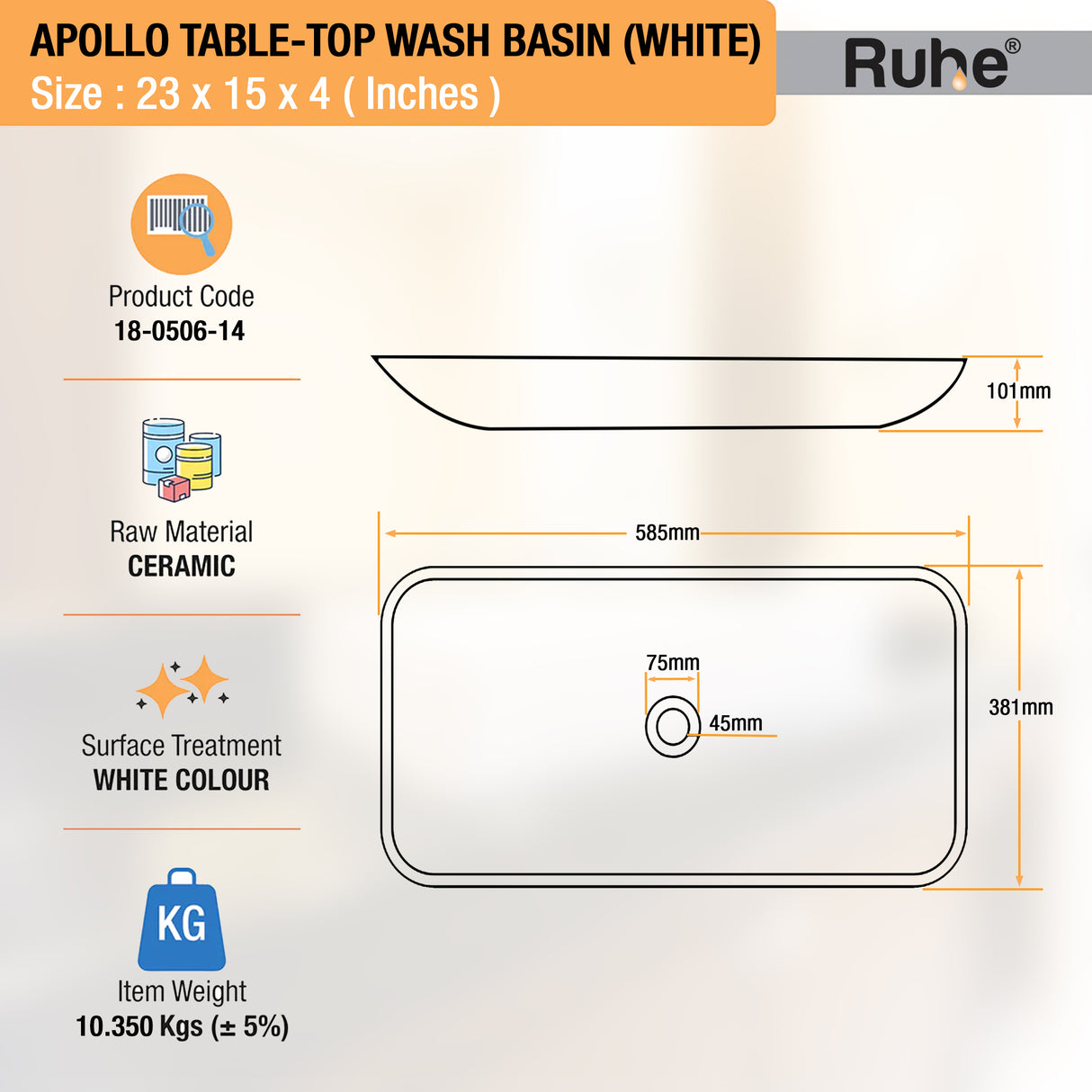 Apollo Table-Top Wash Basin (White) - by Ruhe