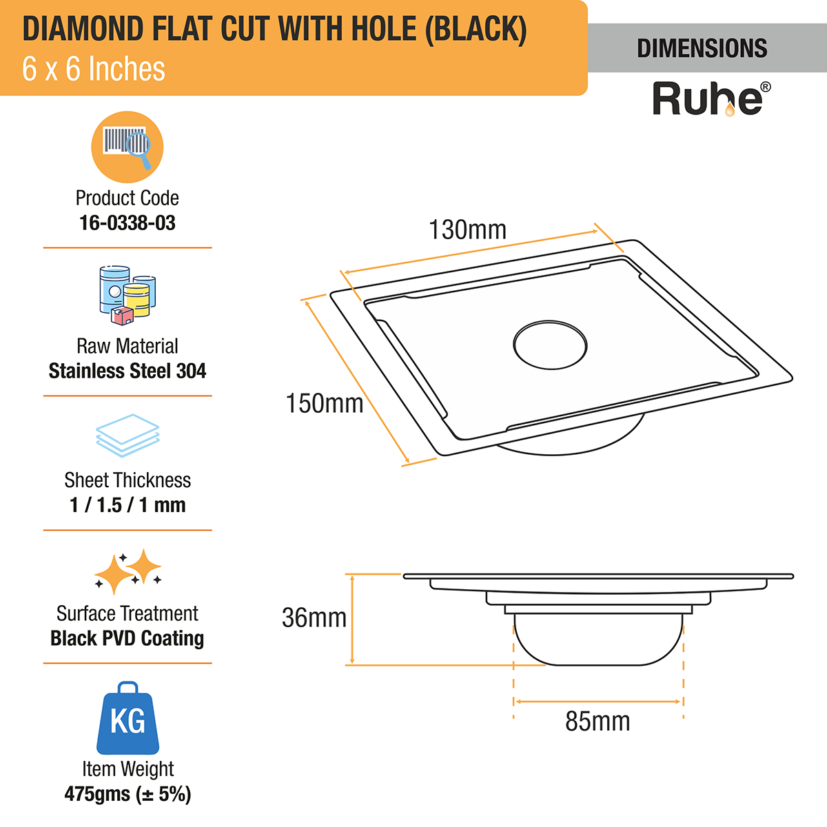 Diamond Square Flat Cut Floor Drain in Black PVD Coating (6 x 6 Inches) with Hole - by Ruhe