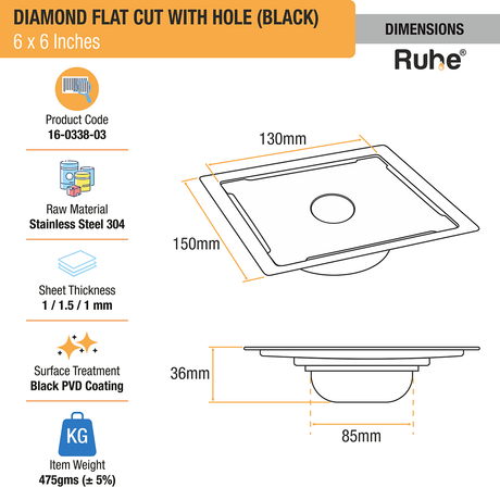 Diamond Square Flat Cut Floor Drain in Black PVD Coating (6 x 6 Inches) with Hole - by Ruhe