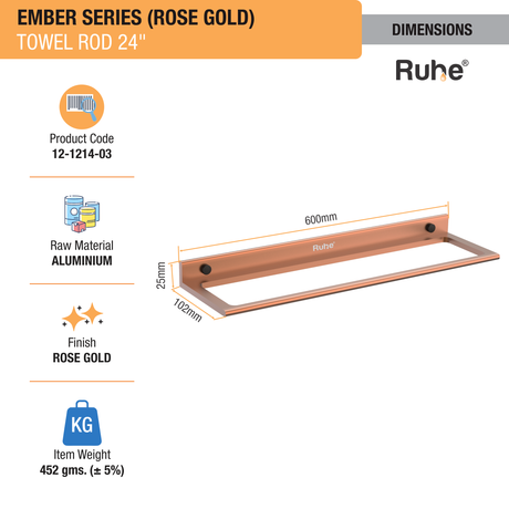 Ember Rose Gold Towel Rod (Space Aluminium) dimensions and sizes